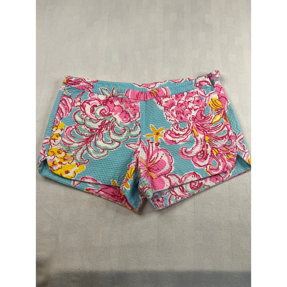 Lilly Pulitzer Callahan Shorts Womens 6 Blue Pink Floral Seersucker Side Zip 5"